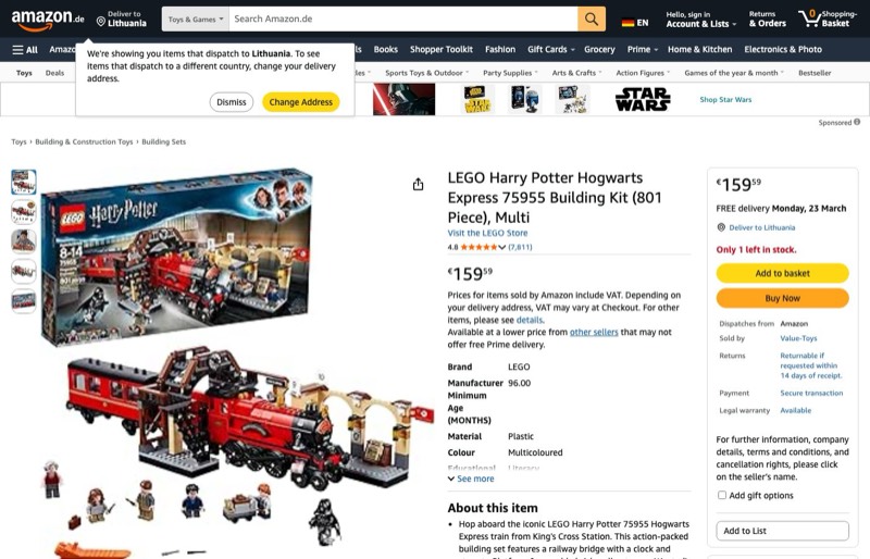 LEGO Harry Potter 75955 kaina Amazon.de — 159,59 €