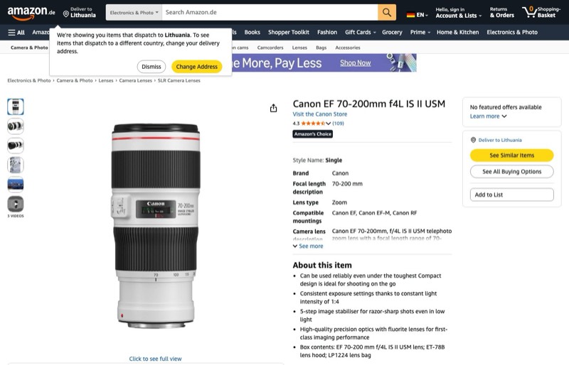 Canon EF 70-200mm F4L IS II USM Objektiv kaina Amazon.de — 1189,00 €