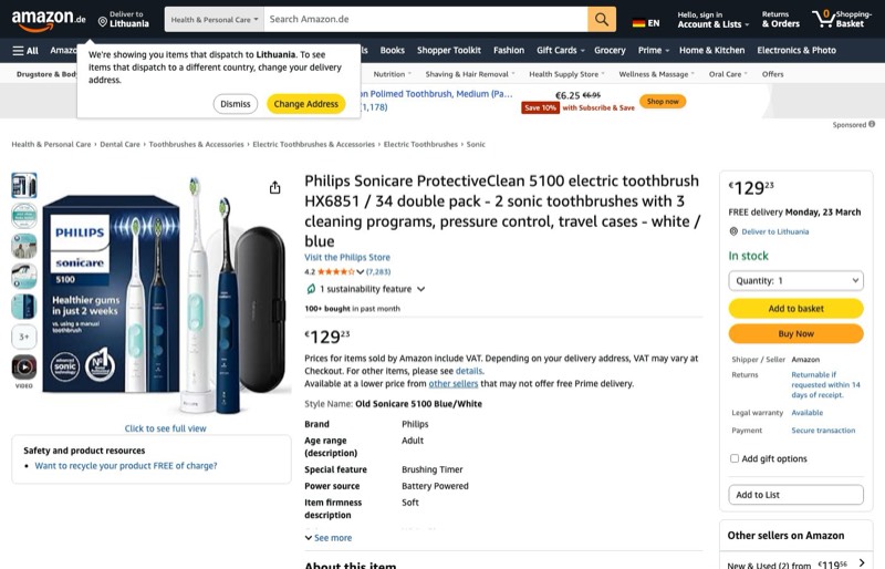 Philips Sonicare ProtectiveClean 5100 kaina Amazon.de — 129,23 €