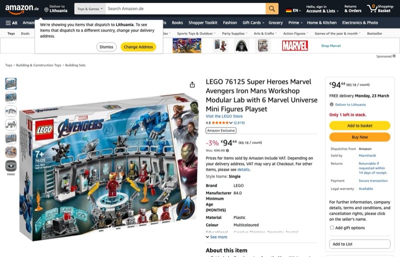 LEGO Marvel Avengers Iron Man's Workshop 76125 kaina Amazon.de — 94,44 €