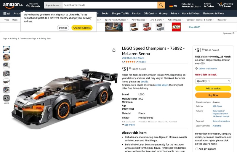 LEGO Speed Champions McLaren Senna 75892 kaina Amazon.de — 31,99 €