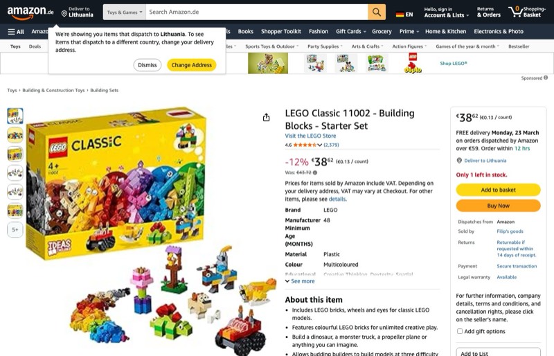 LEGO Classic Creative Starter Set 11002 kaina Amazon.de — 38,62 €