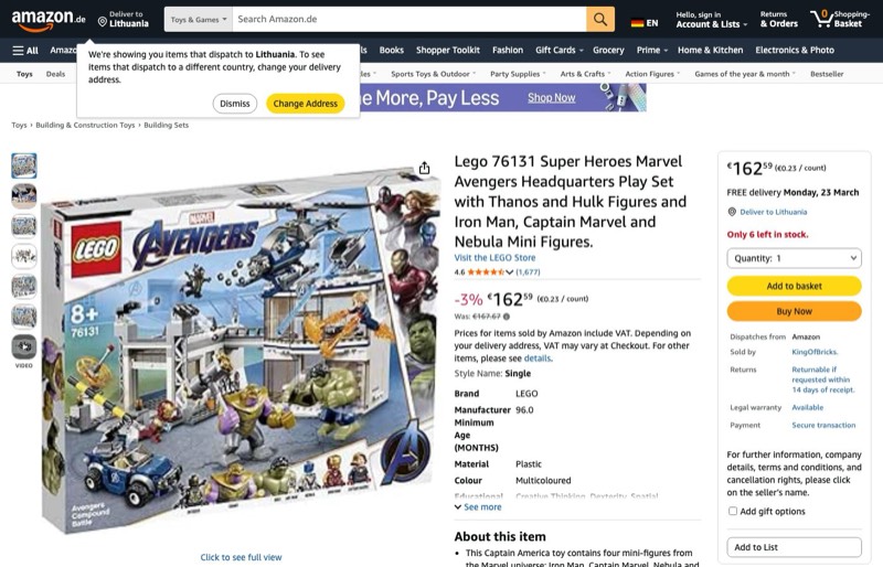 LEGO Marvel Avengers Headquarters 76131 kaina Amazon.de — 162,59 €