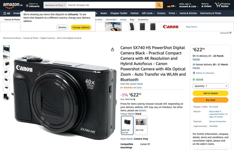 Canon SX740 HS PowerShot kaina Amazon.de — 622,99 €