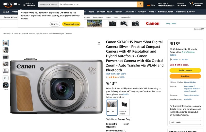 Canon PowerShot SX740 HS Silver kaina Amazon.de — 613,99 €