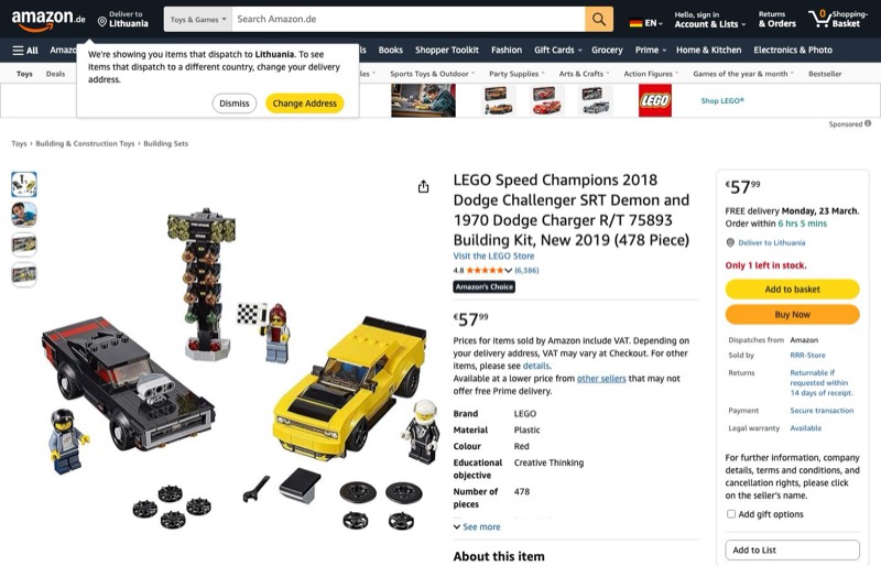 LEGO Speed Champions 75893 kaina Amazon.de — 57,99 €
