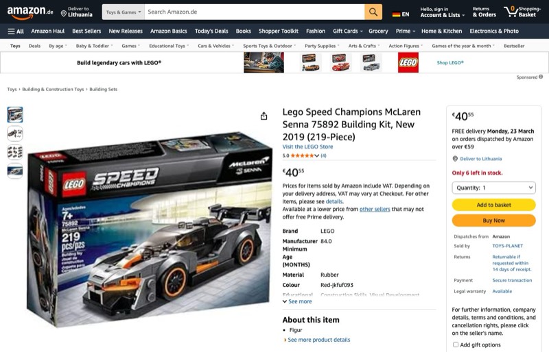 LEGO Speed Champions McLaren Senna 75892 (2019) kaina Amazon.de — 40,55 €