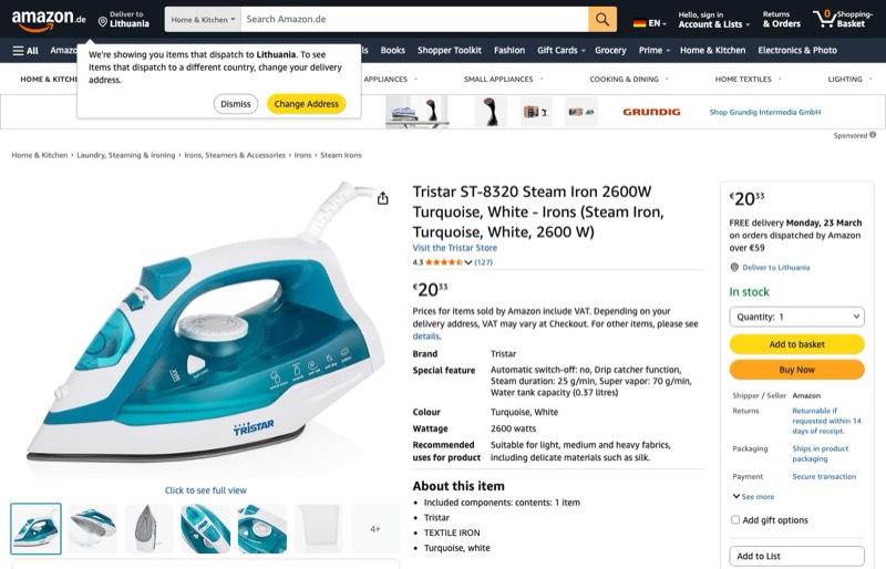 Tristar ST-8320 Steam Iron 2600W kaina Amazon.de — 20,33 €