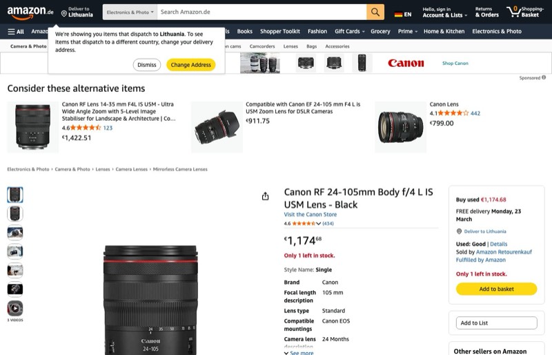 Canon Objektiv RF 24-105mm F4L is USM Lens Zoomobjektiv kaina Amazon.de — 1174,68 €