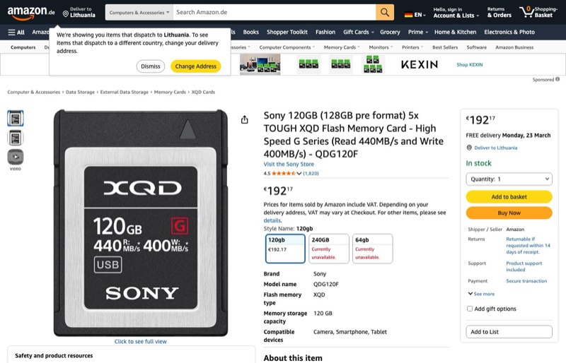 Sony QDG120F-R XQD-Speicherkarte (120 GB kaina Amazon.de — 192,17 €