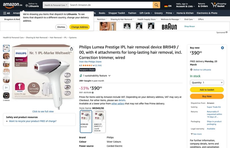 Philips Lumea IPL Series 8000 kaina Amazon.de — 390,00 €