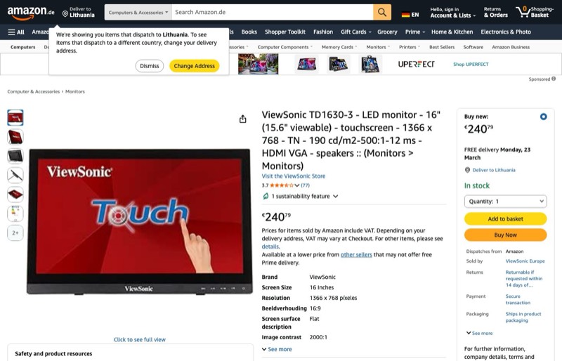 Viewsonic TD1630-3 47 cm Touch (WXGA kaina Amazon.de — 240,79 €