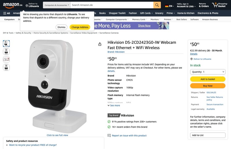 Hikvision DS-2CD2423G0-IW Webcam Fast Ethernet + WiFi kaina Amazon.de — 50,65 €
