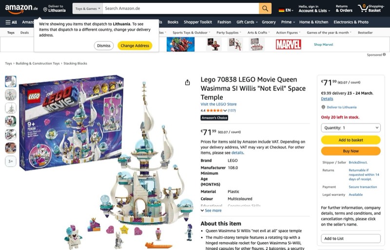 LEGO MOVIE 70838 kaina Amazon.de — 71,99 €