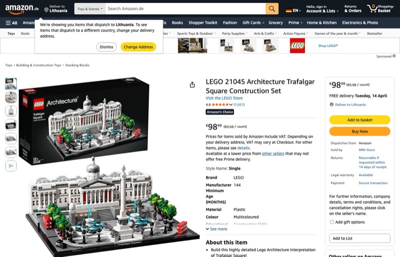 LEGO Architecture 21045 kaina Amazon.de — 98,99 €