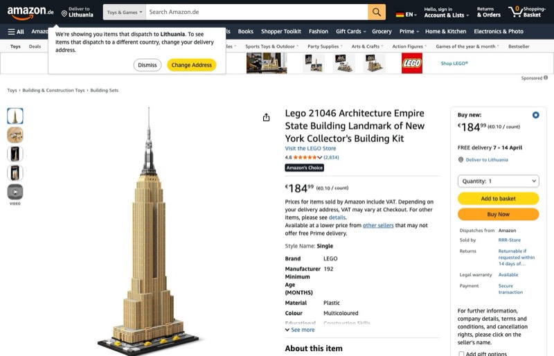 LEGO Architecture 21046 kaina Amazon.de — 184,99 €