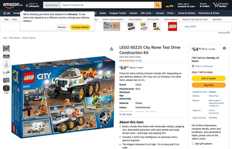 LEGO City 60225 kaina Amazon.de — 64,46 €
