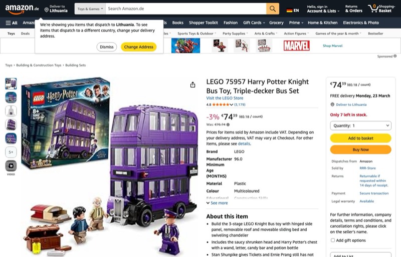 LEGO Harry Potter Knight Bus 75957 kaina Amazon.de — 74,39 €