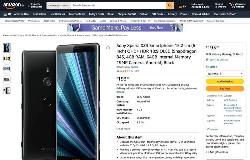 Sony Xperia XZ3 64GB kaina Amazon.de — 193,19 €