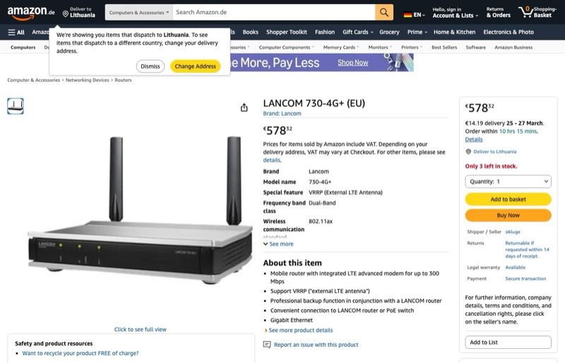 LANCOM 730- + kaina Amazon.de — 578,32 €