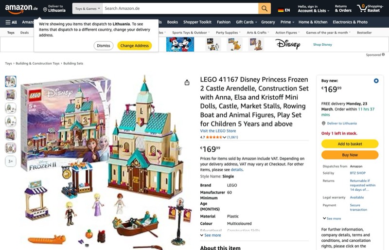 LEGO Disney Princess Schloss Arendelle 41167 kaina Amazon.de — 169,99 €