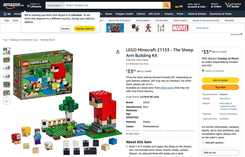 LEGO Minecraft Sheep Farm 21153 kaina Amazon.de — 33,49 €