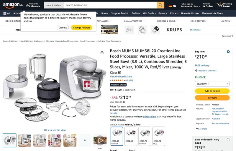 Bosch MUM5 MUM58L20 CreationLine 1000W kaina Amazon.de — 210,48 €