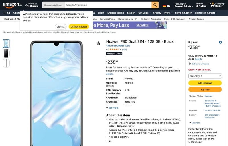 HUAWEI P30 Dual SIM kaina Amazon.de — 238,95 €