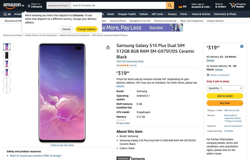 Samsung Galaxy S10 Plus Dual SIM 512GB 8GB RAM SM-G975F/DS kaina Amazon.de — 319,99 €