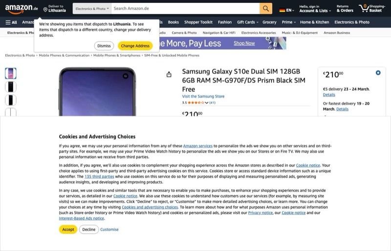 Samsung Galaxy S10e Dual SIM 128GB 6GB RAM SM-G970F/DS kaina Amazon.de — 210,00 €