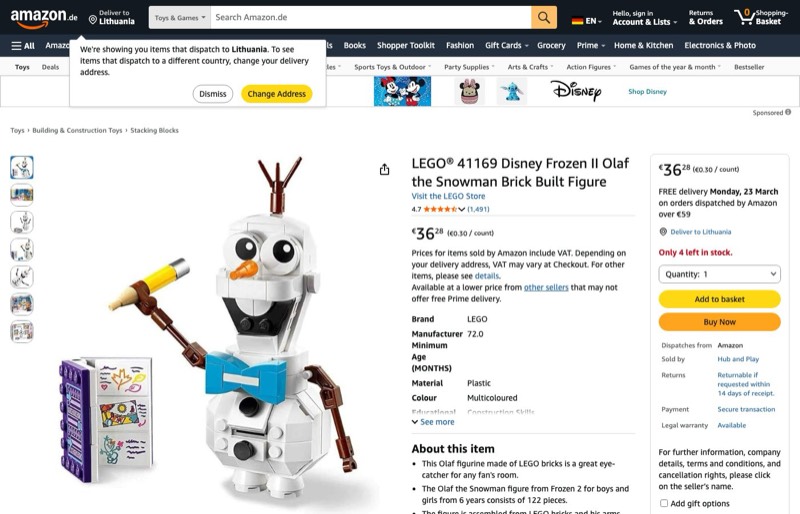 LEGO Disney Frozen II Olaf 41169 kaina Amazon.de — 36,28 €