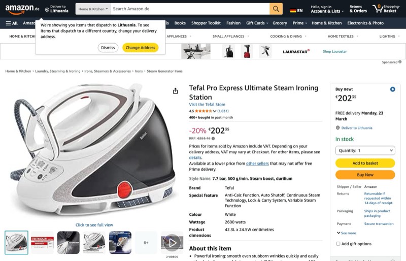 Tefal GV9567 Pro Express Ultimate kaina Amazon.de — 202,35 €