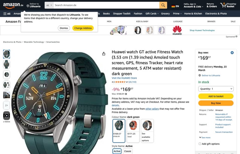 Huawei Watch GT Active Dark Green kaina Amazon.de — 169,57 €