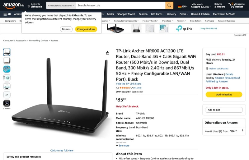 TP-Link Archer MR600 4G+ LTE Router kaina Amazon.de — 85,81 €