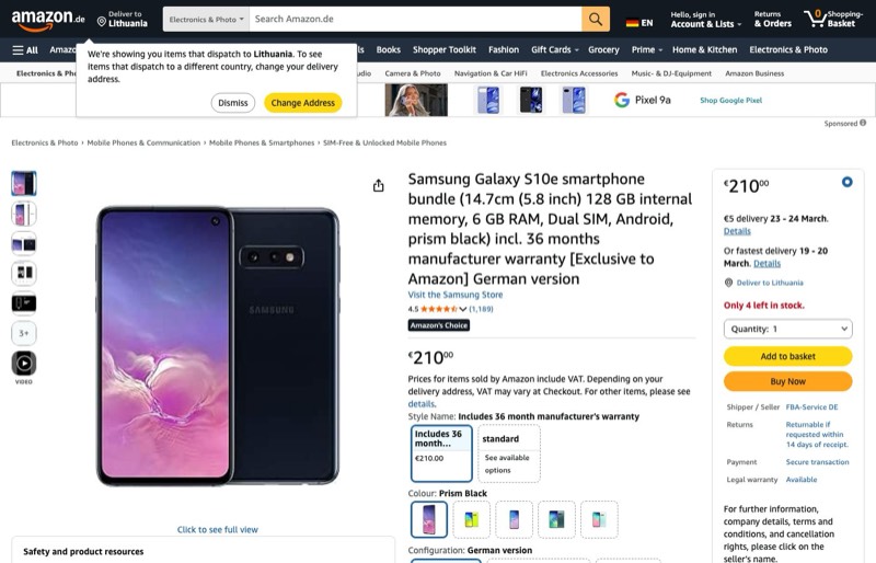 Samsung Galaxy S10e Bundle 128 GB interner Speicher kaina Amazon.de — 210,00 €
