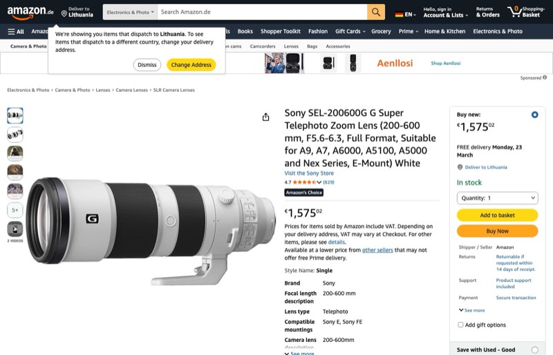 Sony SEL200600G kaina Amazon.de — 1575,02 €