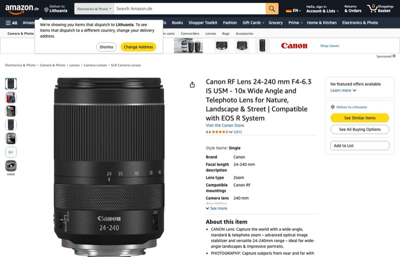 Canon RF Objektiv 24-240mm F4-6.3 IS USM kaina Amazon.de — 949,00 €