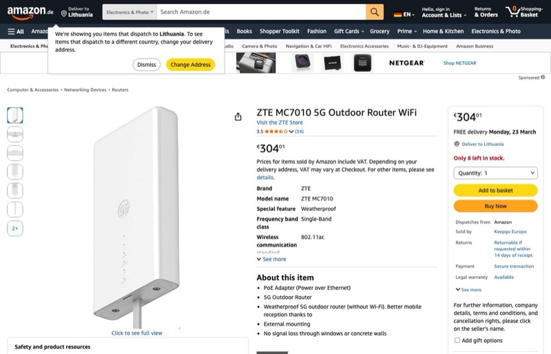 ZTE MC7010 Router WiFi kaina Amazon.de — 304,01 €