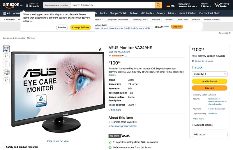 ASUS VA249HE kaina Amazon.de — 100,62 €