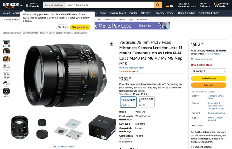 7artisans 75mm F1.25 Fixed Mirrorless Kameraobjektiv Leica kaina Amazon.de — 362,29 €