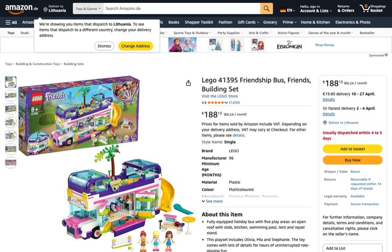 LEGO Friends 41395 kaina Amazon.de — 188,13 €