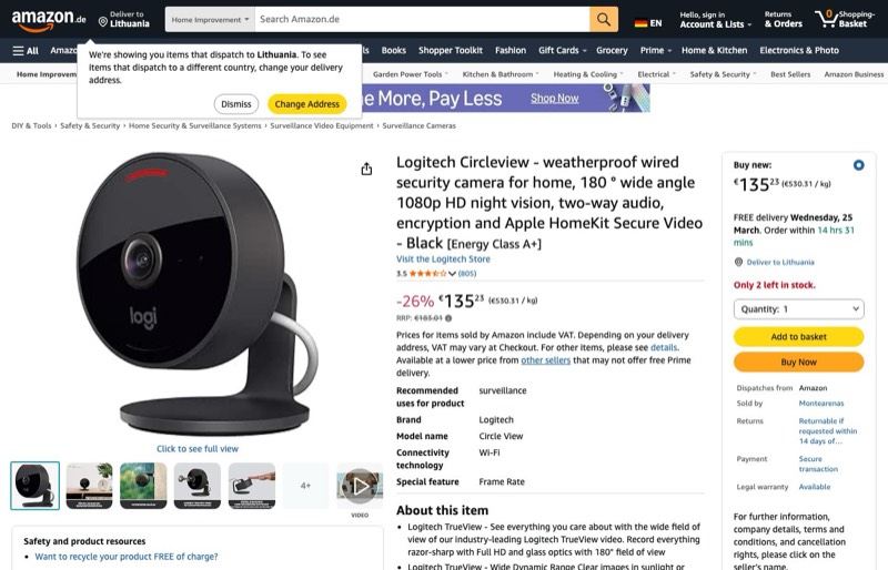 Logitech Circle View kaina Amazon.de — 135,23 €