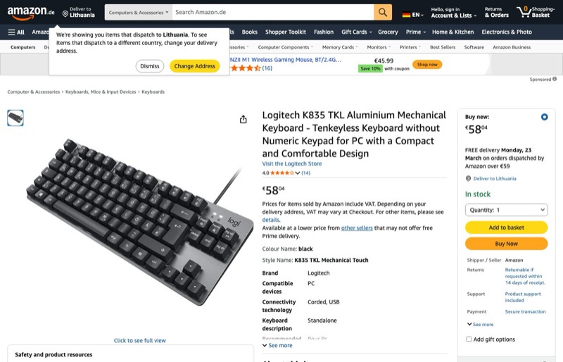 Logitech K835 TKL Mechanische Aluminium kaina Amazon.de — 58,04 €