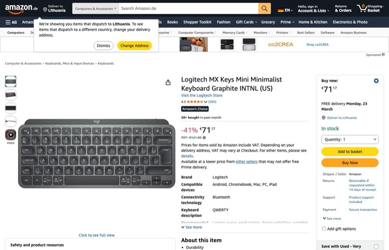 Logitech MX Keys Mini 920-010498 kaina Amazon.de — 71,17 €
