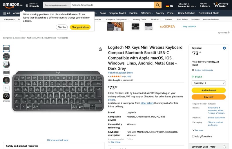 Logitech MX Keys Mini kaina Amazon.de — 73,10 €