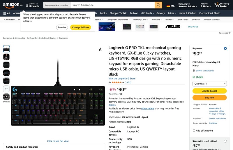 Logitech G PRO TKL mechanische Gaming kaina Amazon.de — 90,59 €