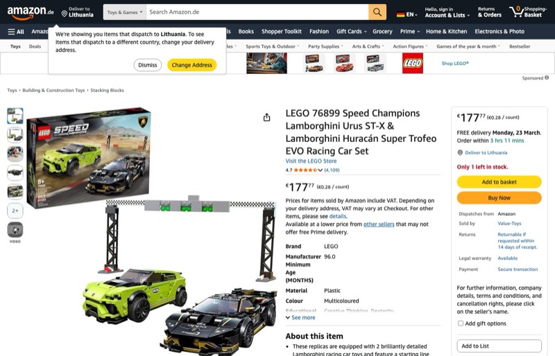 LEGO Speed Champions 76899 kaina Amazon.de — 177,77 €