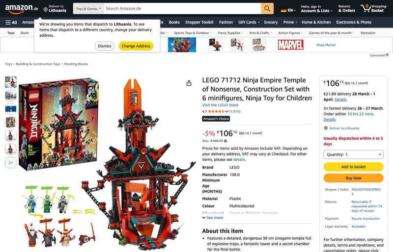 LEGO NINJAGO Empire Tempel des Unsinns 71712 kaina Amazon.de — 106,15 €