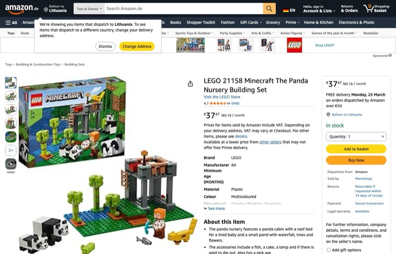LEGO Minecraft Panda Nursery 21158 kaina Amazon.de — 37,47 €