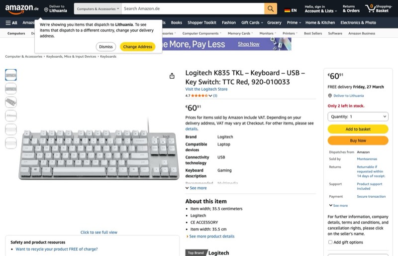 Logitech K835 TKL kaina Amazon.de — 60,91 €